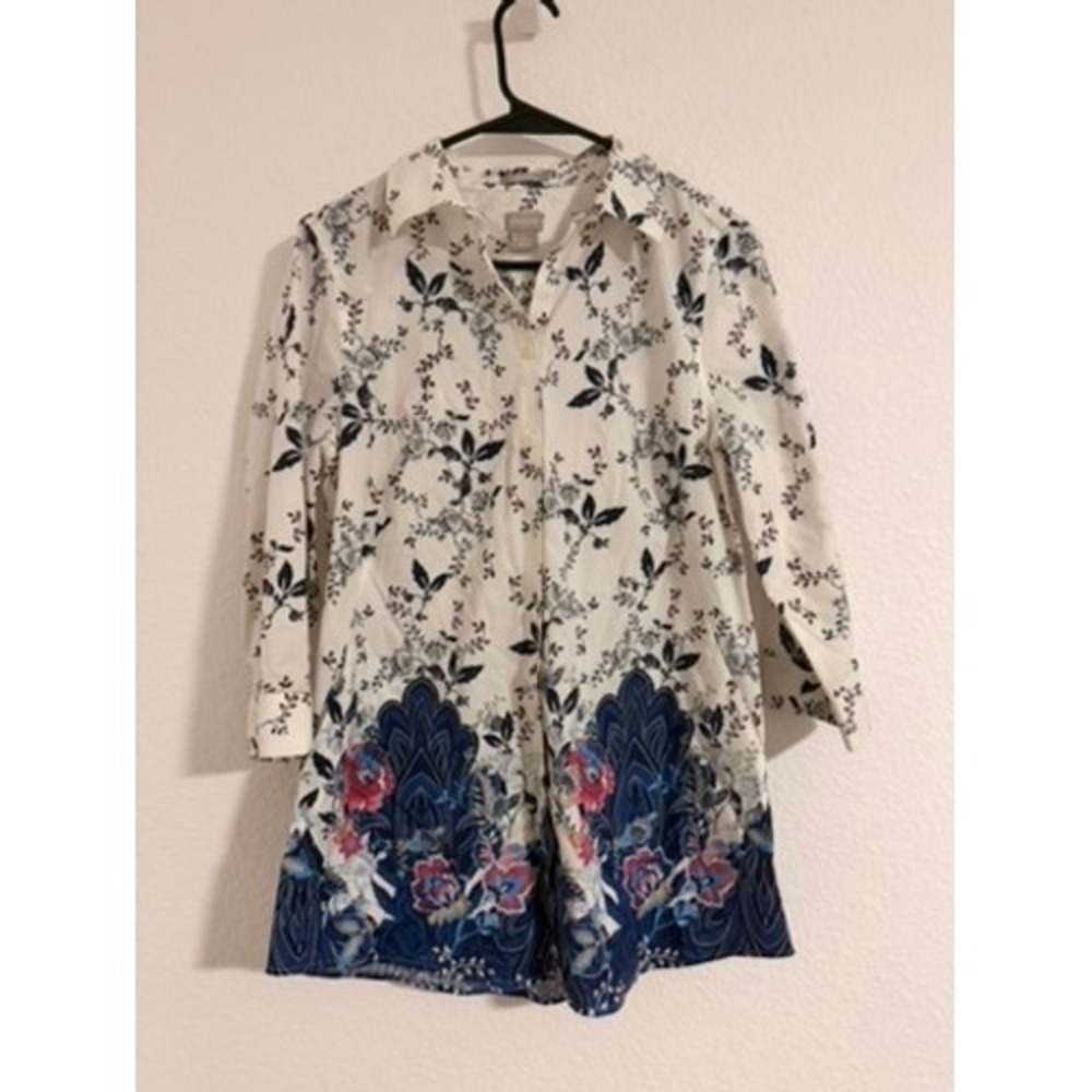 Chicos Stain Shield Floral Paisley Print Tunic Shirt Navy White 0 US 4/6